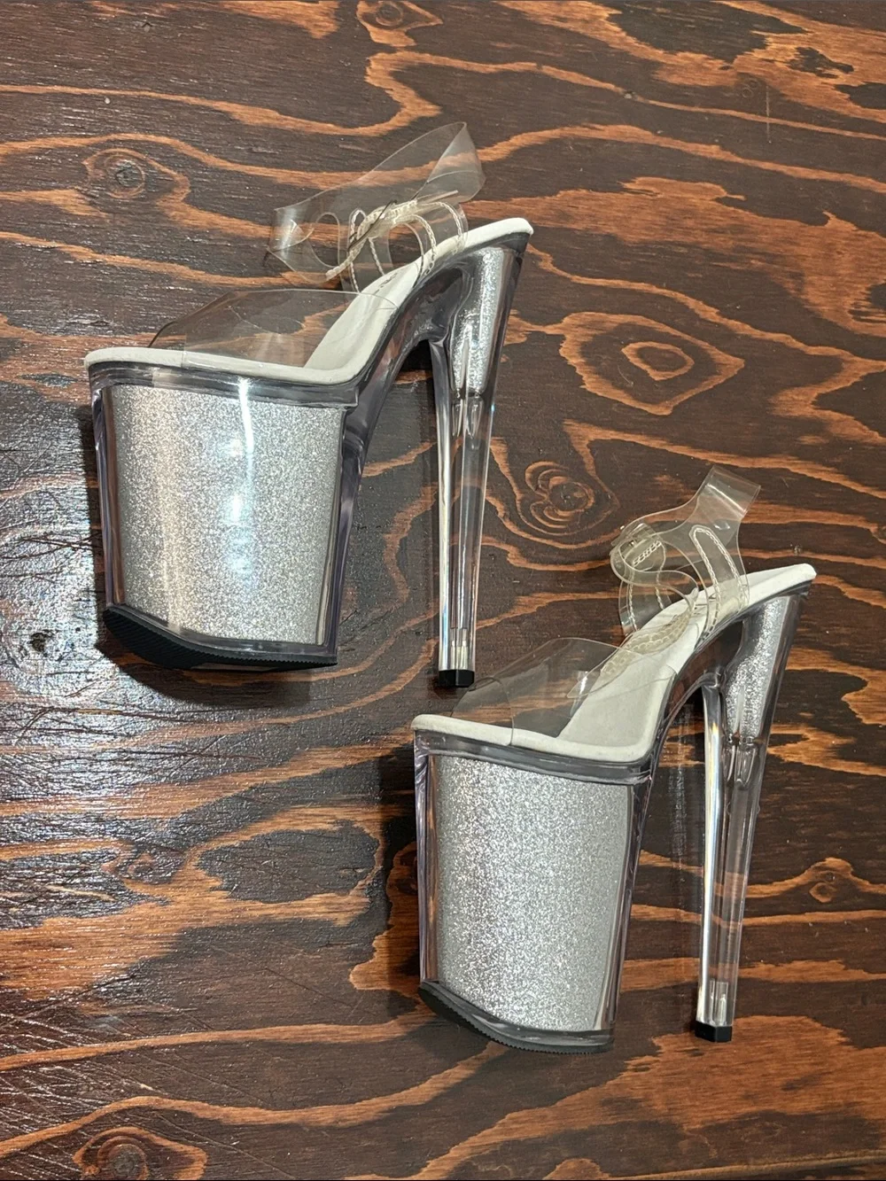 Pleasers 8” Clear Strap Silver Glitter Platform Heels